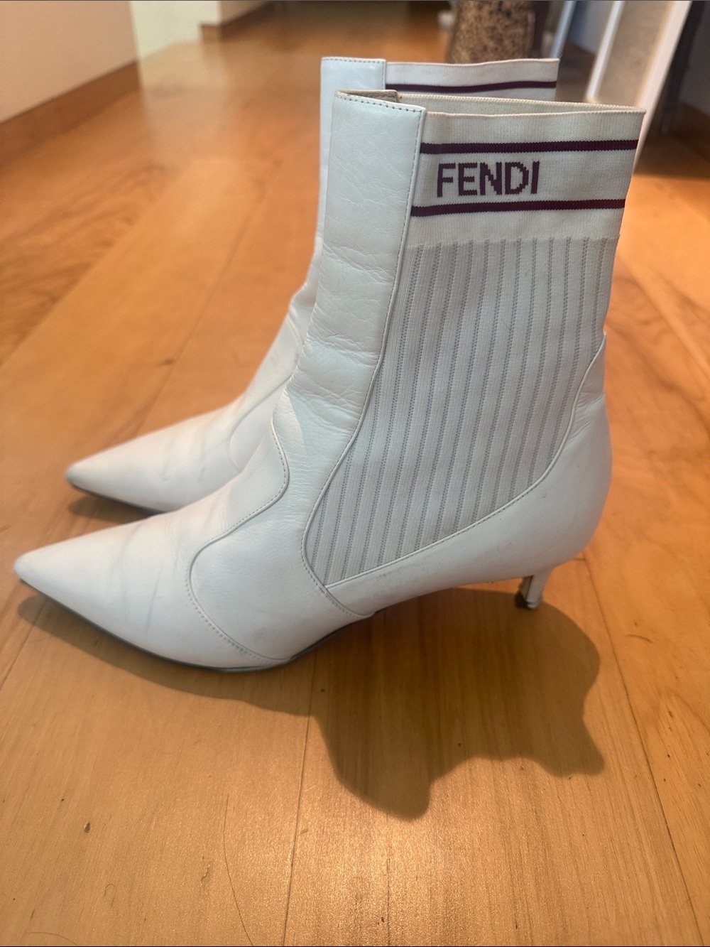Fendi White Pointed Leather Ankle Boots with Logo Knit Cuff 9.5